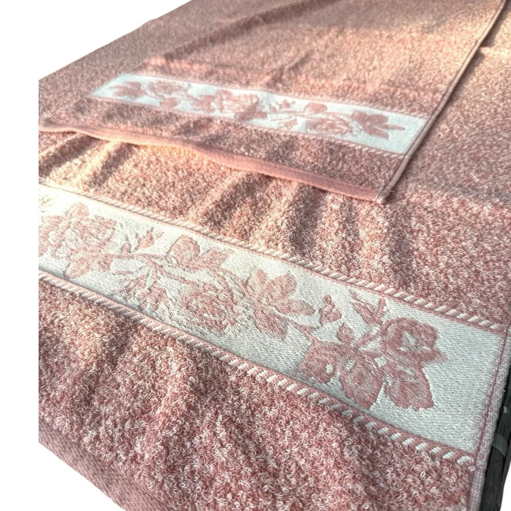 Vintage Celebrity By Santens 100% Cotton Embroidered  Floral Pink Towel Set 80's